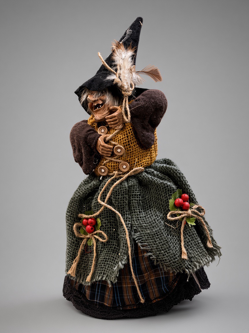 عروسک جادوگر ویچ (Witch) هالووین دست‌ساز با دامن گونی سبز | دکوری خاص و ترسناک